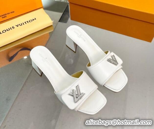 Top Grade Louis Vuitton Shake Leather Heel Slide Sandals 5.5cm with Crystal LV Twist White 1013031