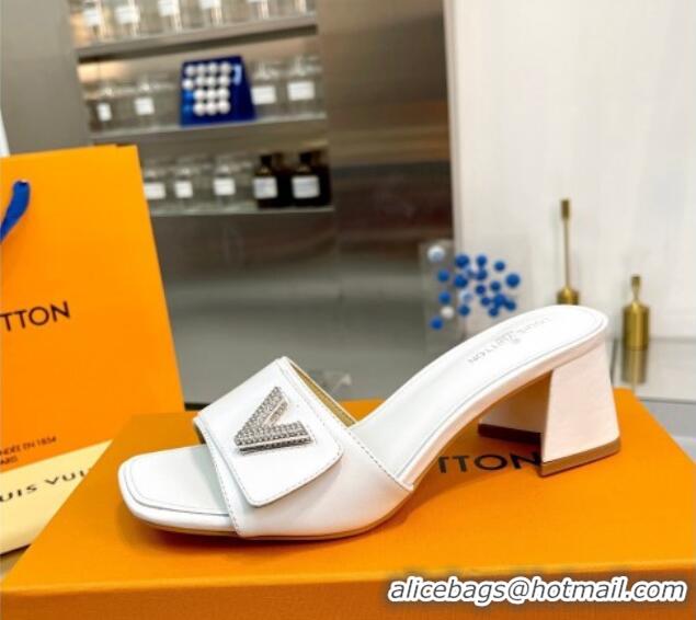 Top Grade Louis Vuitton Shake Leather Heel Slide Sandals 5.5cm with Crystal LV Twist White 1013031