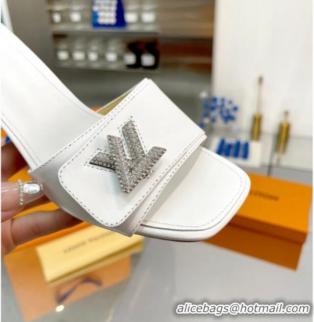 Top Grade Louis Vuitton Shake Leather Heel Slide Sandals 5.5cm with Crystal LV Twist White 1013031