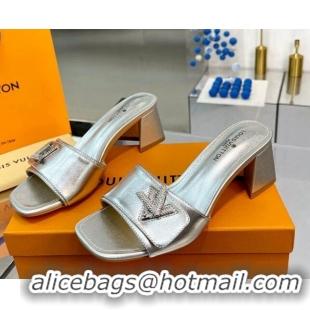 Popular Style Louis Vuitton Shake Leather Heel Slide Sandals 5.5cm with Crystal LV Twist Silver 1013032