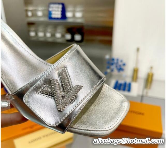 Popular Style Louis Vuitton Shake Leather Heel Slide Sandals 5.5cm with Crystal LV Twist Silver 1013032