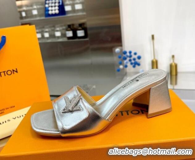 Popular Style Louis Vuitton Shake Leather Heel Slide Sandals 5.5cm with Crystal LV Twist Silver 1013032