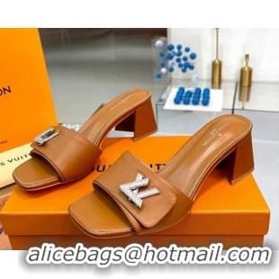 Durable Louis Vuitton Shake Leather Heel Slide Sandals 5.5cm with Crystal LV Twist Brown 1013033