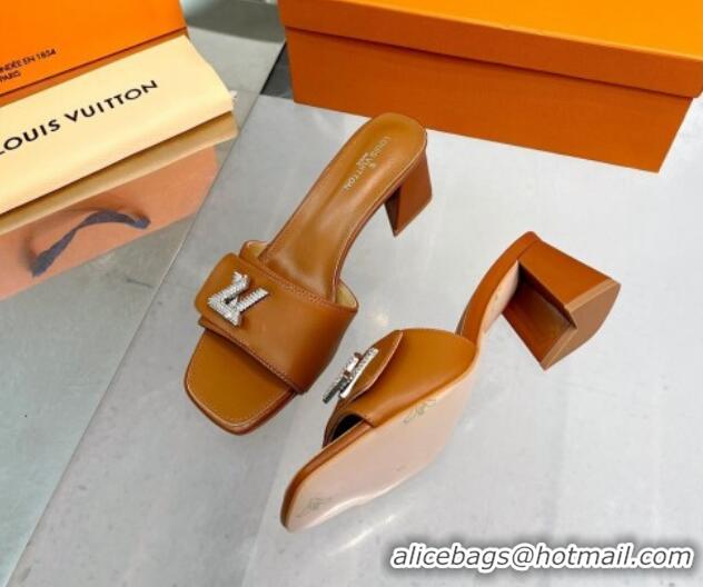 Durable Louis Vuitton Shake Leather Heel Slide Sandals 5.5cm with Crystal LV Twist Brown 1013033