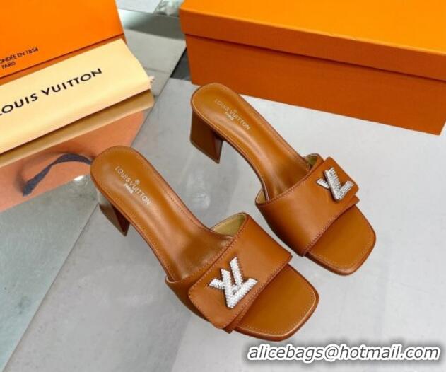 Durable Louis Vuitton Shake Leather Heel Slide Sandals 5.5cm with Crystal LV Twist Brown 1013033