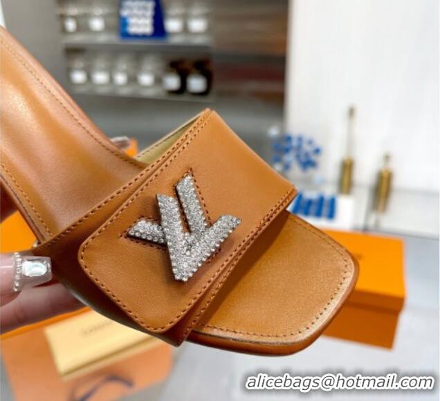 Durable Louis Vuitton Shake Leather Heel Slide Sandals 5.5cm with Crystal LV Twist Brown 1013033