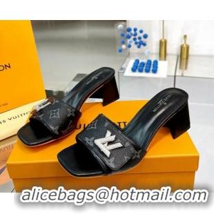 Good Quality Louis Vuitton Shake Monogram Canvas Heel Slide Sandals 5.5cm with Crystal LV Twist Black 1013034