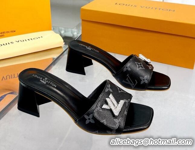 Good Quality Louis Vuitton Shake Monogram Canvas Heel Slide Sandals 5.5cm with Crystal LV Twist Black 1013034