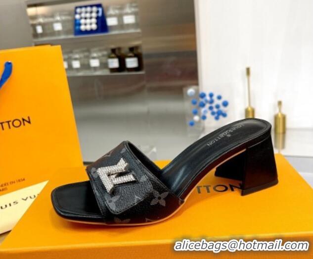 Good Quality Louis Vuitton Shake Monogram Canvas Heel Slide Sandals 5.5cm with Crystal LV Twist Black 1013034