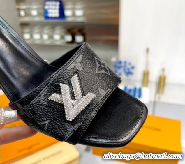 Good Quality Louis Vuitton Shake Monogram Canvas Heel Slide Sandals 5.5cm with Crystal LV Twist Black 1013034