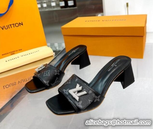 Good Quality Louis Vuitton Shake Monogram Canvas Heel Slide Sandals 5.5cm with Crystal LV Twist Black 1013034