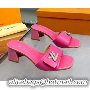 Grade Quality Louis Vuitton Shake Leather Heel Slide Sandals 5.5cm with Crystal LV Twist Dark Pink 1013035