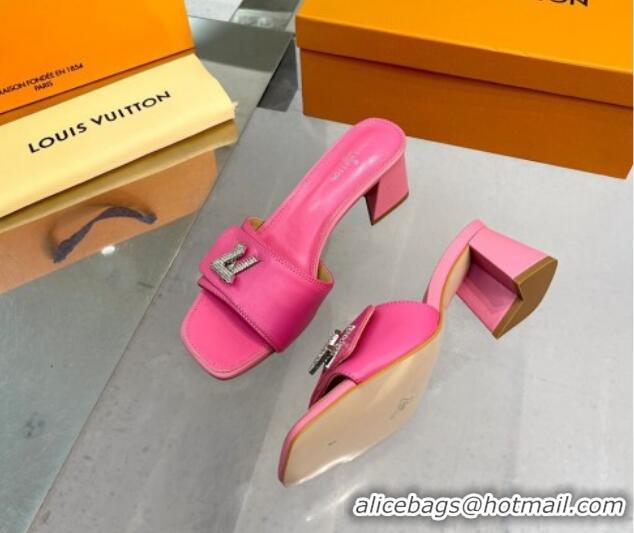 Grade Quality Louis Vuitton Shake Leather Heel Slide Sandals 5.5cm with Crystal LV Twist Dark Pink 1013035