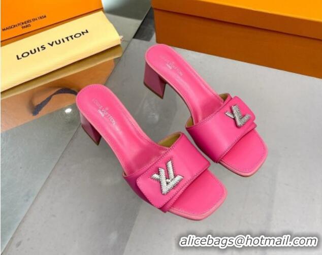 Grade Quality Louis Vuitton Shake Leather Heel Slide Sandals 5.5cm with Crystal LV Twist Dark Pink 1013035