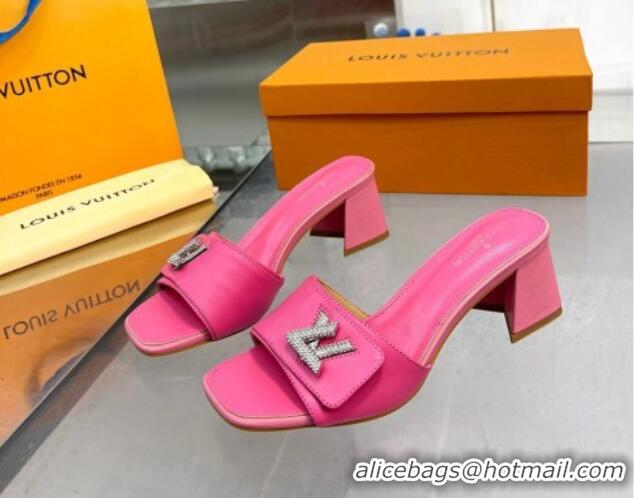 Grade Quality Louis Vuitton Shake Leather Heel Slide Sandals 5.5cm with Crystal LV Twist Dark Pink 1013035