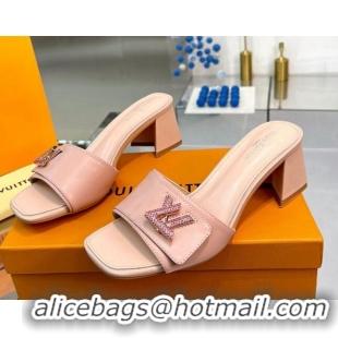 Purchase Louis Vuitton Shake Leather Heel Slide Sandals 5.5cm with Crystal LV Twist Light Pink 1013036