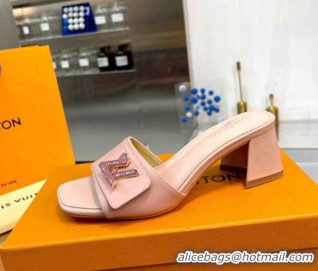 Purchase Louis Vuitton Shake Leather Heel Slide Sandals 5.5cm with Crystal LV Twist Light Pink 1013036