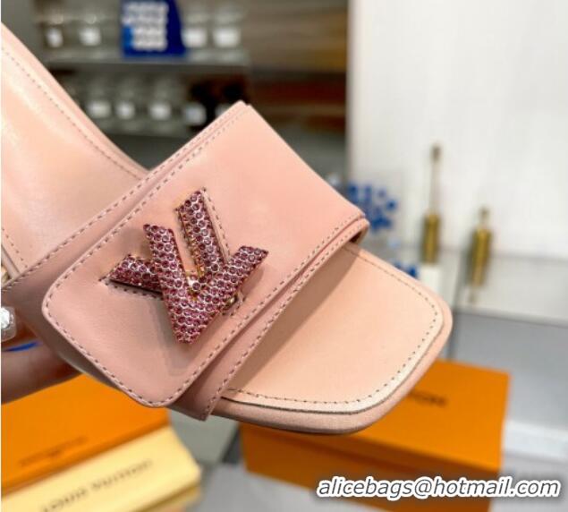 Purchase Louis Vuitton Shake Leather Heel Slide Sandals 5.5cm with Crystal LV Twist Light Pink 1013036