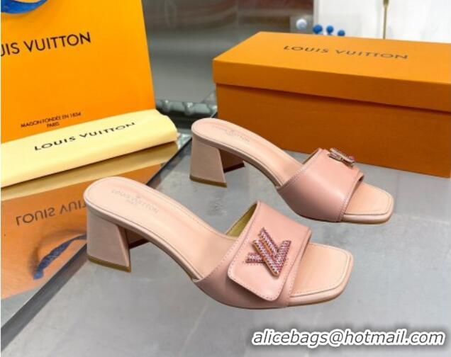 Purchase Louis Vuitton Shake Leather Heel Slide Sandals 5.5cm with Crystal LV Twist Light Pink 1013036