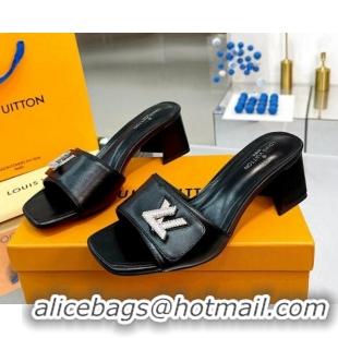 Top Design Louis Vuitton Shake Leather Heel Slide Sandals 5.5cm with Crystal LV Twist Black 013037