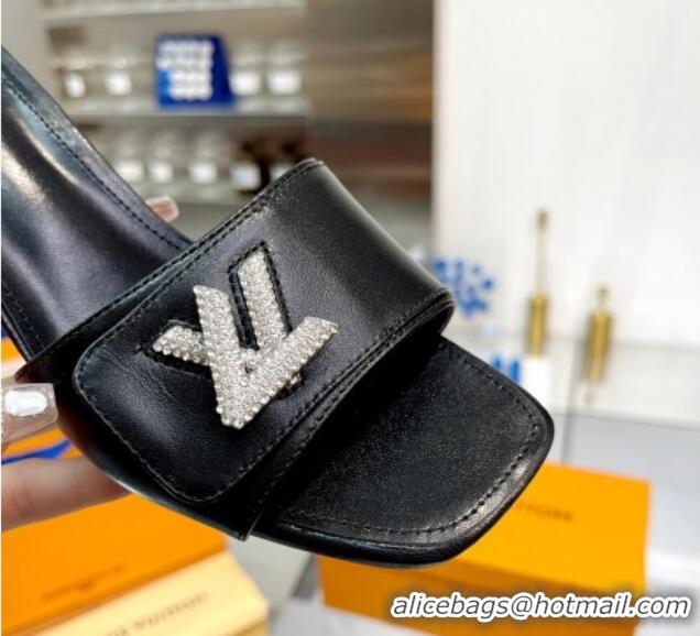 Top Design Louis Vuitton Shake Leather Heel Slide Sandals 5.5cm with Crystal LV Twist Black 013037