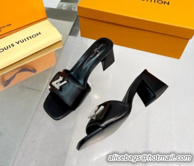 Top Design Louis Vuitton Shake Leather Heel Slide Sandals 5.5cm with Crystal LV Twist Black 013037