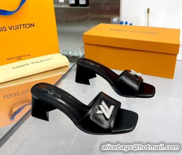 Top Design Louis Vuitton Shake Leather Heel Slide Sandals 5.5cm with Crystal LV Twist Black 013037