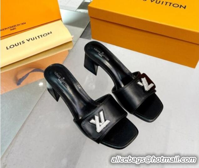 Top Design Louis Vuitton Shake Leather Heel Slide Sandals 5.5cm with Crystal LV Twist Black 013037