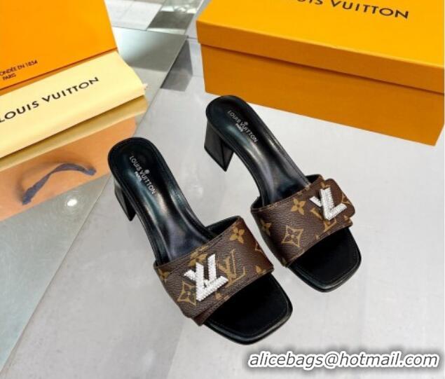 Stylish Louis Vuitton Shake Monogram Canvas Heel Slide Sandals 5.5cm with Crystal LV Twist 1013038