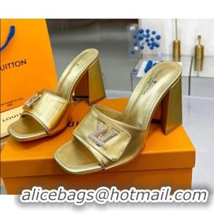 Sumptuous Louis Vuitton Shake Leather Heel Slide Sandals 9.5cm with Crystal LV Twist Gold 1013039