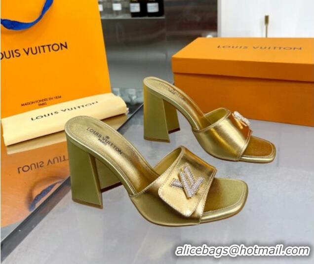 Sumptuous Louis Vuitton Shake Leather Heel Slide Sandals 9.5cm with Crystal LV Twist Gold 1013039