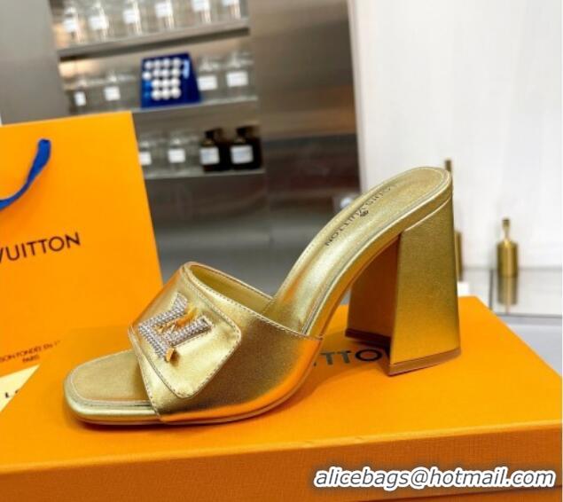 Sumptuous Louis Vuitton Shake Leather Heel Slide Sandals 9.5cm with Crystal LV Twist Gold 1013039