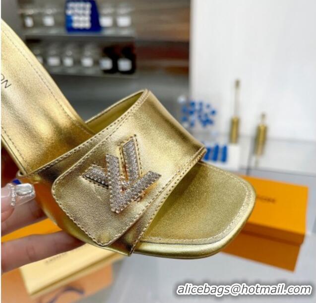 Sumptuous Louis Vuitton Shake Leather Heel Slide Sandals 9.5cm with Crystal LV Twist Gold 1013039