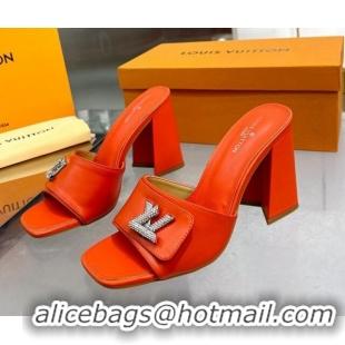 Hot Style Louis Vuitton Shake Leather Heel Slide Sandals 9.5cm with Crystal LV Twist Orange 1013041