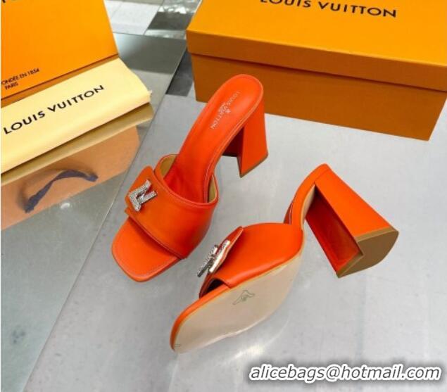 Hot Style Louis Vuitton Shake Leather Heel Slide Sandals 9.5cm with Crystal LV Twist Orange 1013041