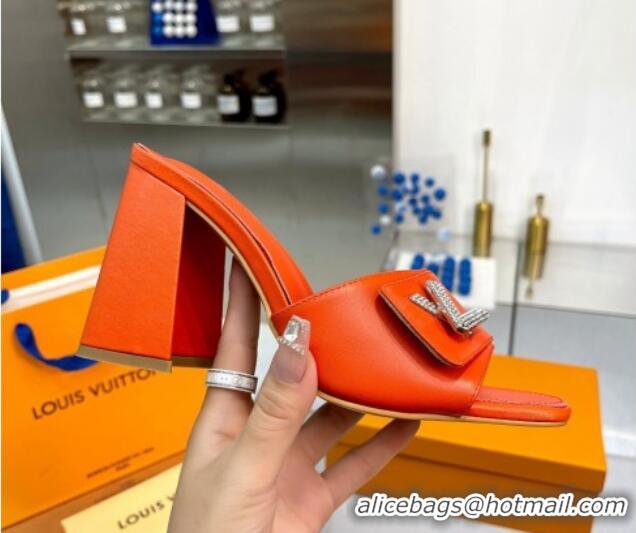 Hot Style Louis Vuitton Shake Leather Heel Slide Sandals 9.5cm with Crystal LV Twist Orange 1013041