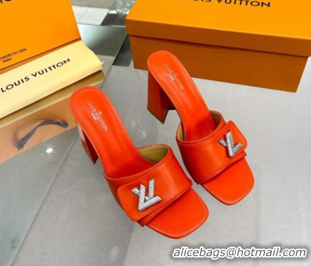 Hot Style Louis Vuitton Shake Leather Heel Slide Sandals 9.5cm with Crystal LV Twist Orange 1013041