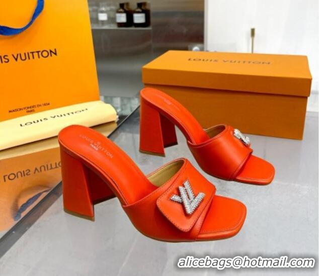 Hot Style Louis Vuitton Shake Leather Heel Slide Sandals 9.5cm with Crystal LV Twist Orange 1013041