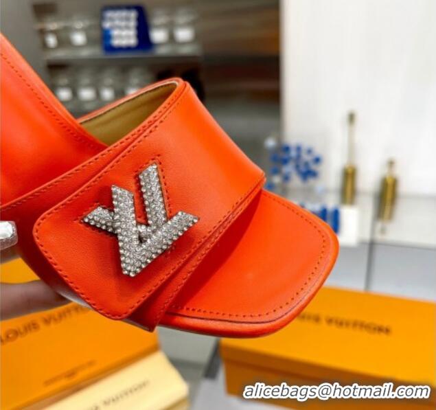 Hot Style Louis Vuitton Shake Leather Heel Slide Sandals 9.5cm with Crystal LV Twist Orange 1013041