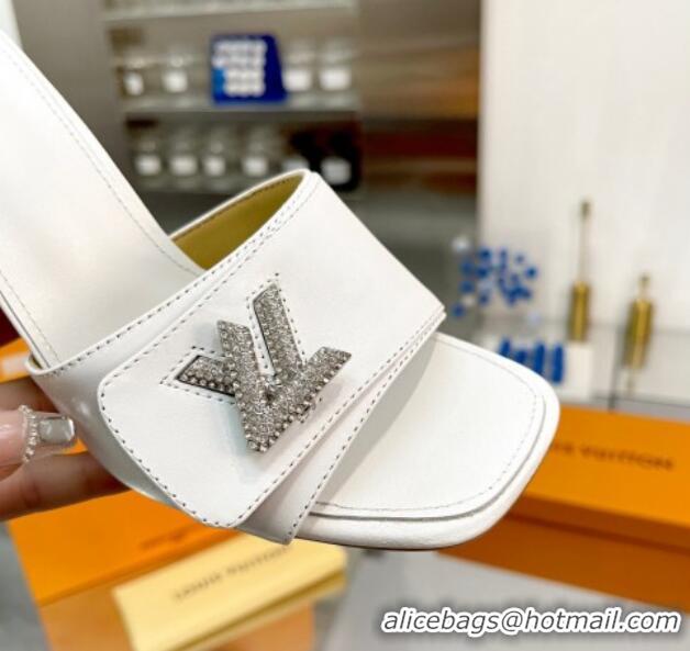 Discount Louis Vuitton Shake Leather Heel Slide Sandals 9.5cm with Crystal LV Twist White 1013042