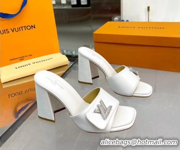 Discount Louis Vuitton Shake Leather Heel Slide Sandals 9.5cm with Crystal LV Twist White 1013042