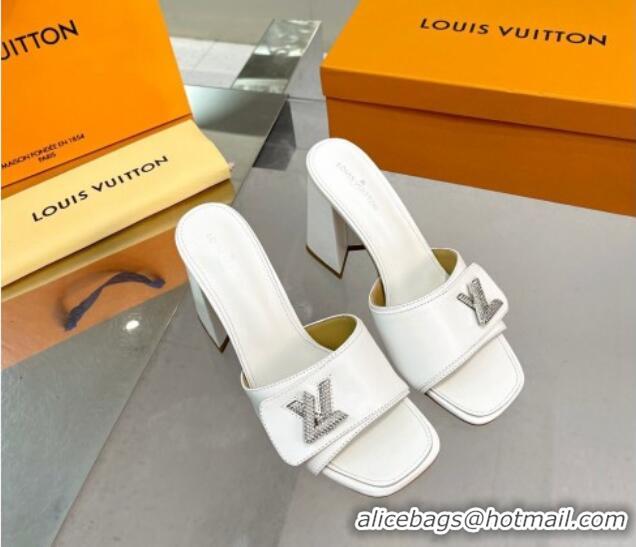 Discount Louis Vuitton Shake Leather Heel Slide Sandals 9.5cm with Crystal LV Twist White 1013042