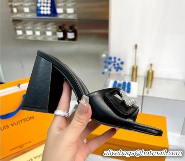 Sophisticated Louis Vuitton Shake Leather Heel Slide Sandals 9.5cm with Crystal LV Twist Black 1013043