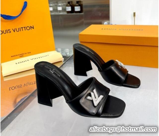 Sophisticated Louis Vuitton Shake Leather Heel Slide Sandals 9.5cm with Crystal LV Twist Black 1013043