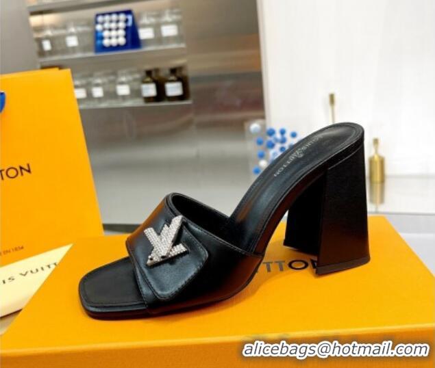 Sophisticated Louis Vuitton Shake Leather Heel Slide Sandals 9.5cm with Crystal LV Twist Black 1013043