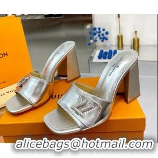 Duplicate Louis Vuitton Shake Leather Heel Slide Sandals 9.5cm with Crystal LV Twist Silver 1013044