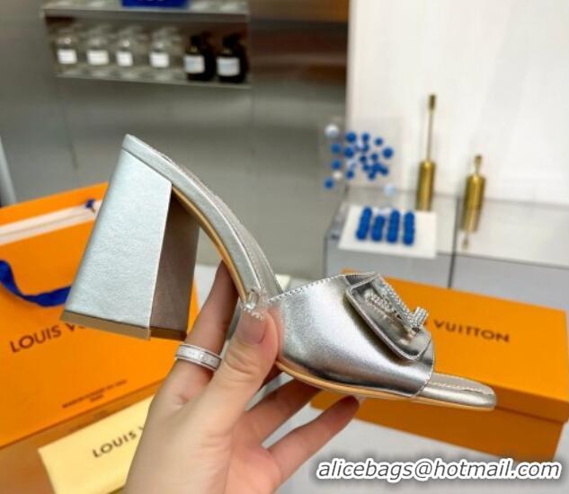 Duplicate Louis Vuitton Shake Leather Heel Slide Sandals 9.5cm with Crystal LV Twist Silver 1013044