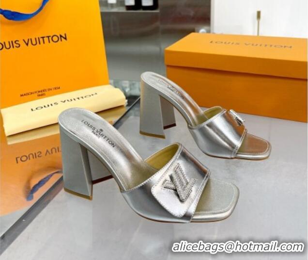 Duplicate Louis Vuitton Shake Leather Heel Slide Sandals 9.5cm with Crystal LV Twist Silver 1013044