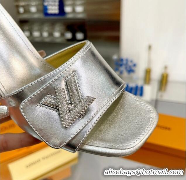 Duplicate Louis Vuitton Shake Leather Heel Slide Sandals 9.5cm with Crystal LV Twist Silver 1013044