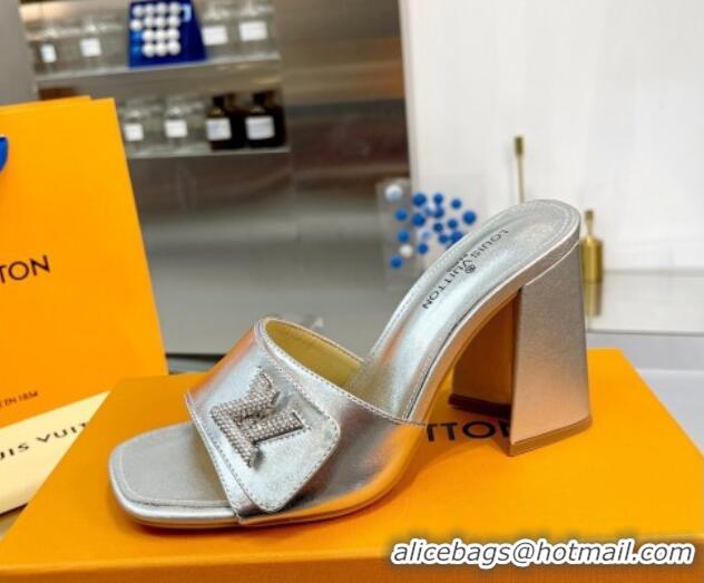 Duplicate Louis Vuitton Shake Leather Heel Slide Sandals 9.5cm with Crystal LV Twist Silver 1013044